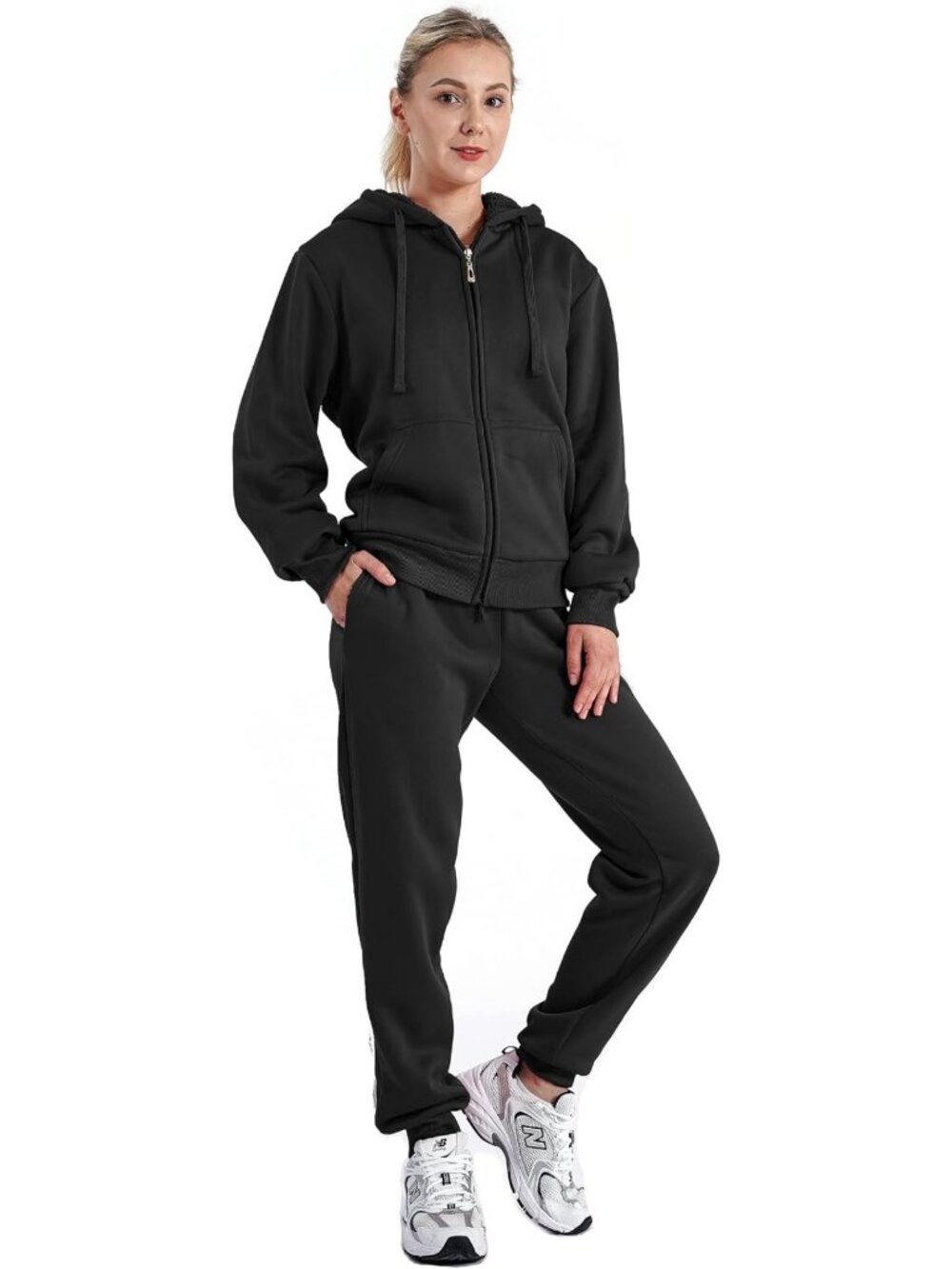 Cozy Tan 2-Piece Sherpa Lined Fleece Jogger & Hoodie Sweatsuit Set for Women